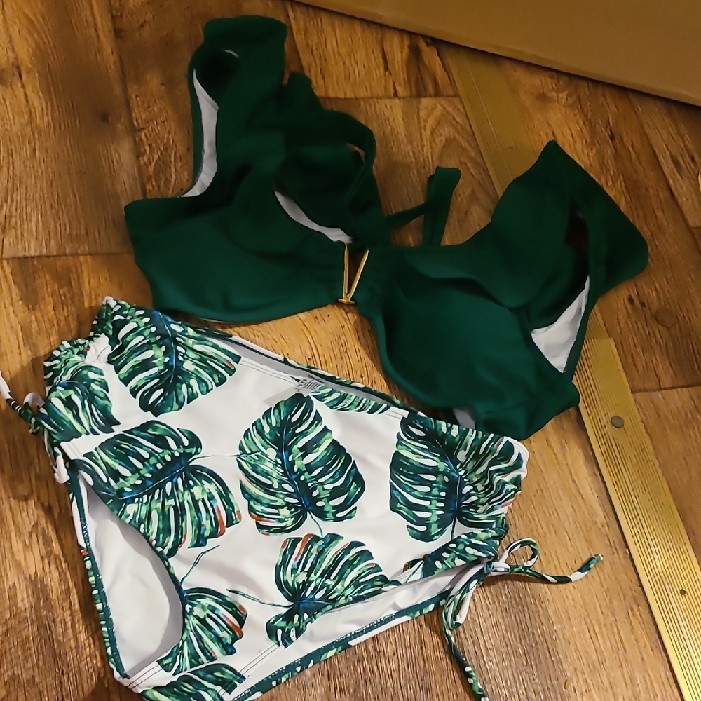 Green Bikini Top with Leaf Print Bottom